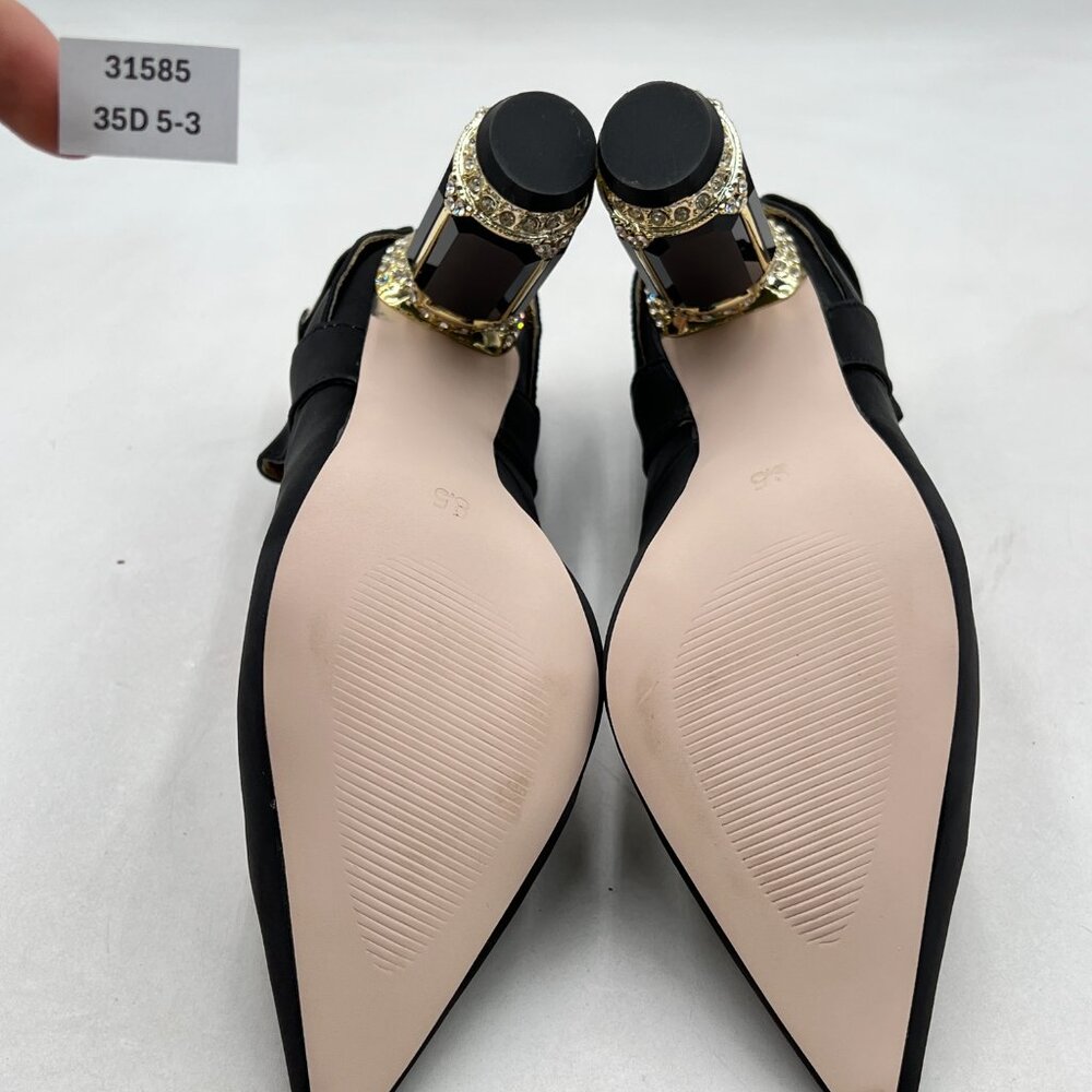 FSJ Black Graceful Satin Pumps Pointed Toe Crystal Block High Heel Slip On Shoes - Picture 7 of 8
